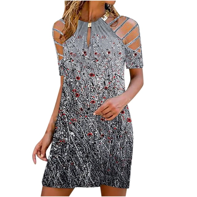 Pompotops Robe Sexy Mode Manches Courtes Imprimée Épaules Dénudées Métal