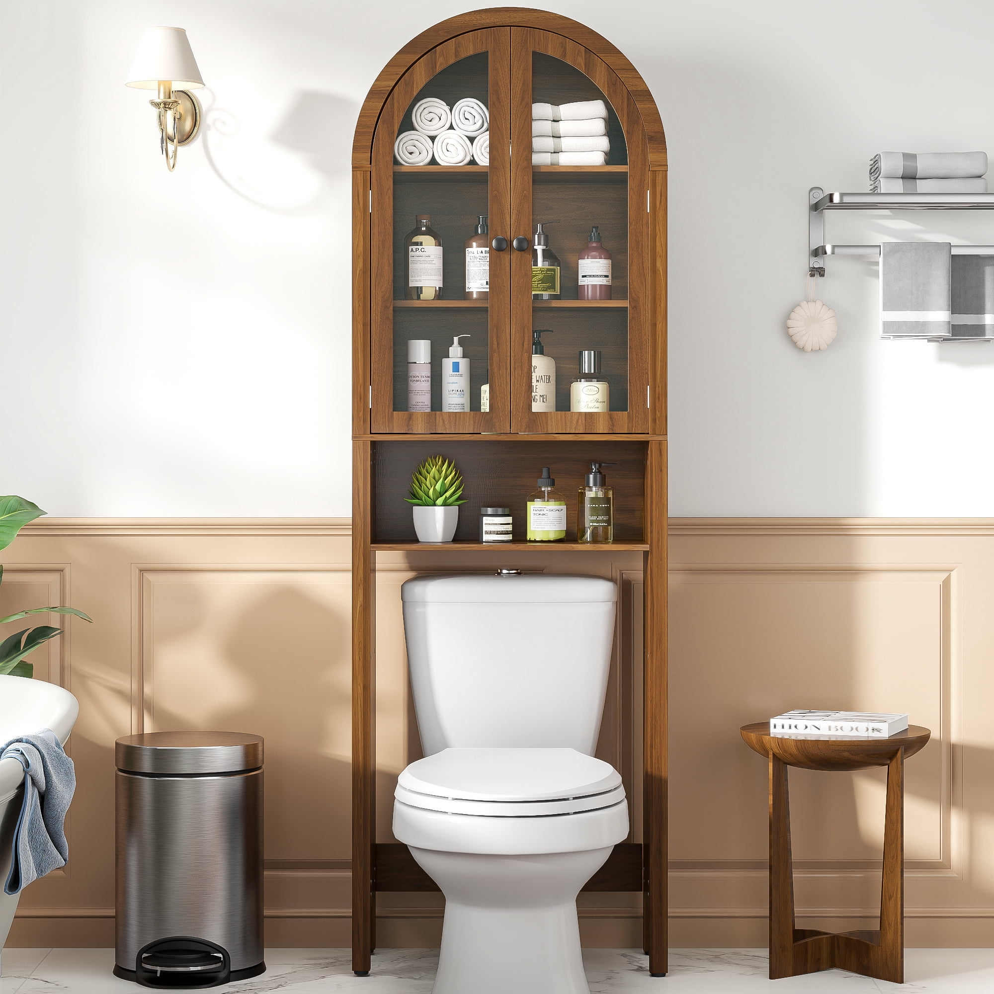 Oubayajia Over The Toilet Storage Cabinet, Bathroom Shelf Over Toilet with Acrylic Doors, 4-Tier Bathroom Storage Cabinet Organizer with Adjustable Shelf, Walnut