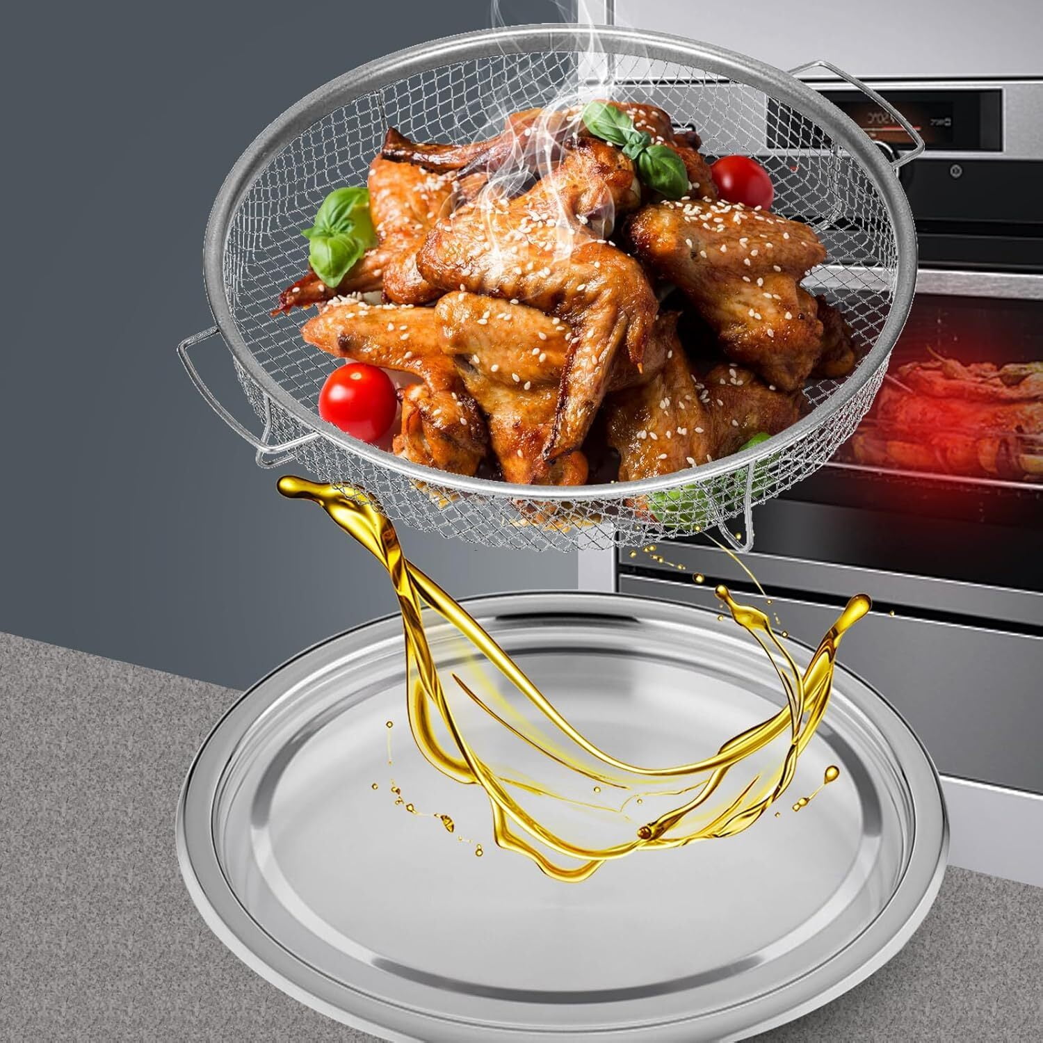 Air Fryer Basket for Oven, 2 Piece Round Silver 13" Non-stick Crisper Tray, Non-stick Stainless Steel Oven Air Fryer Basket and Tray for Baking & Crispy Foods, Dishwasher Safe