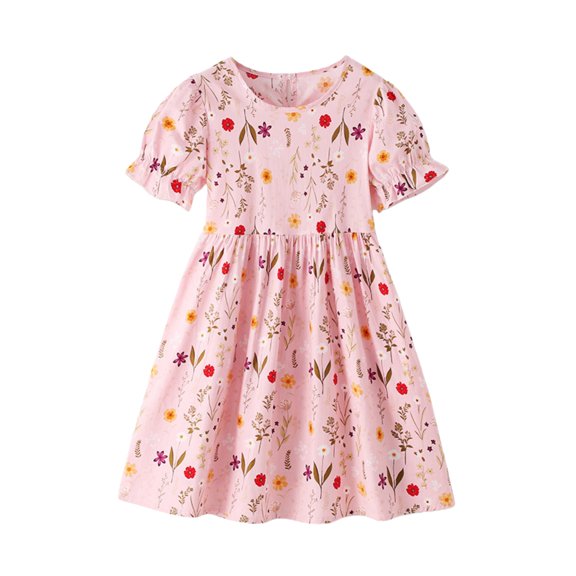 YunPes Girls Floral Dress Crewneck Puff Short Sleeve Tunic Dress Summer Casual Flowy Midi Sundress Beach Travel Outfits