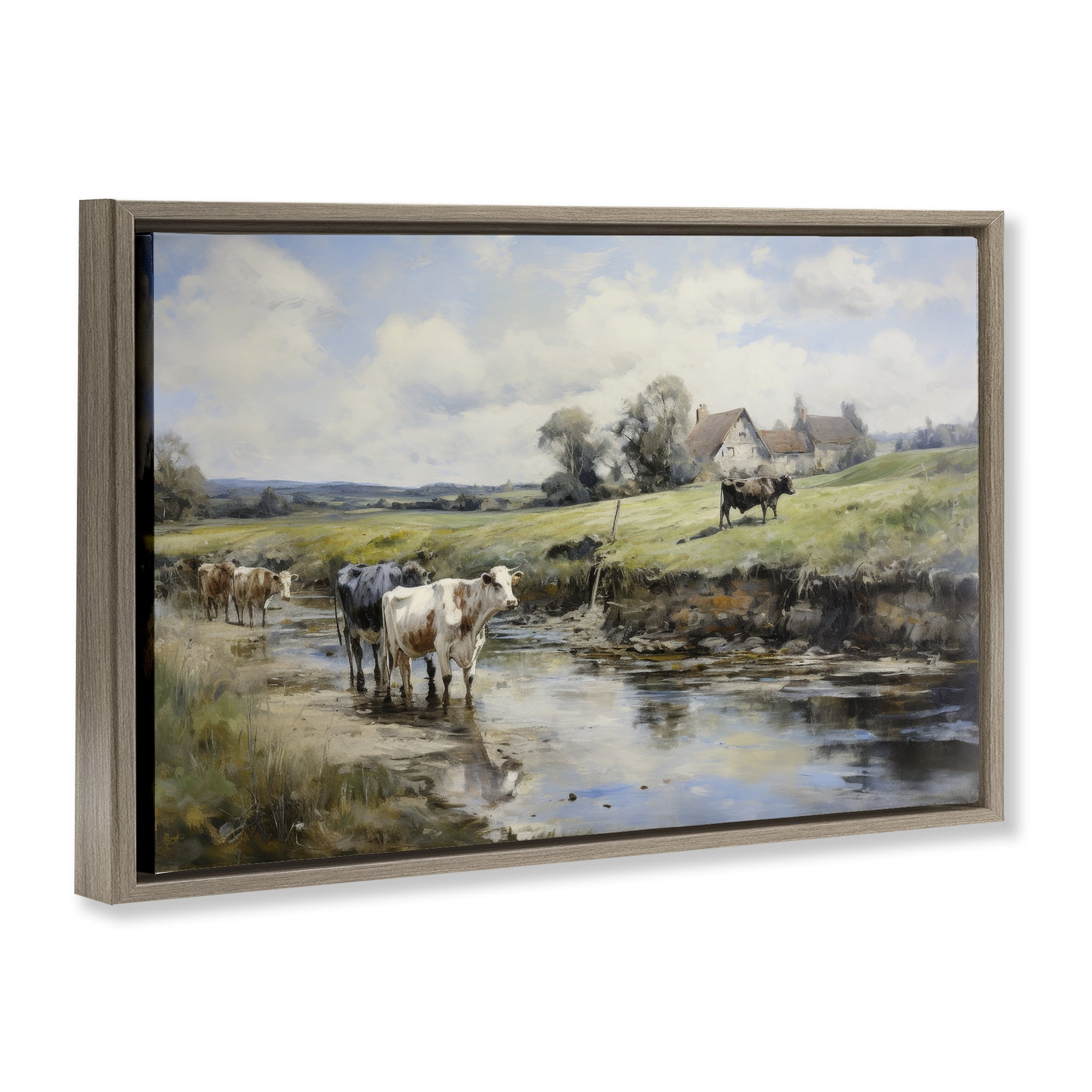 Stupell Industries Free Roaming Cattle Landscape & Nature Painting Brown Floater Framed Canvas Art Print Wall Art, 31 x 21