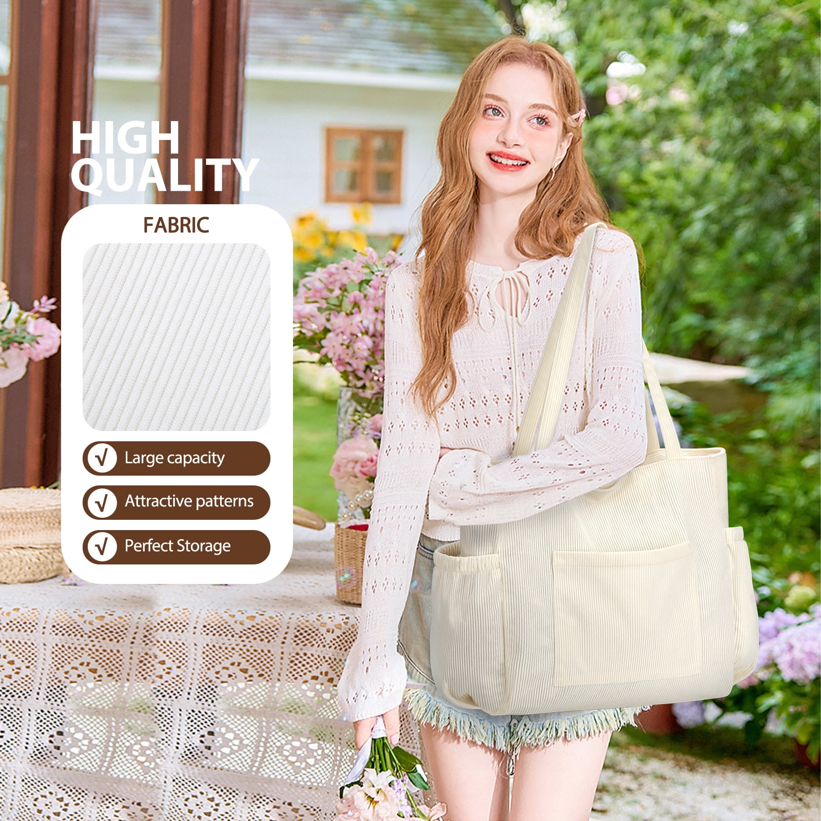 Gocvo Multiple Pockets Corduroy Bag, Large Tote Bag for Women, Ladies Bag Casual Hobo Handbags(Beige)