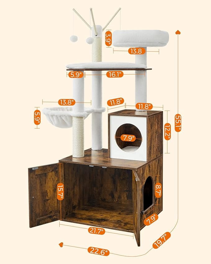 WoodyWonders 2-in-1 Cat Tree with Litter Box Enclosure - Modern Cat Condo with Scratching Posts, Rustic Brown