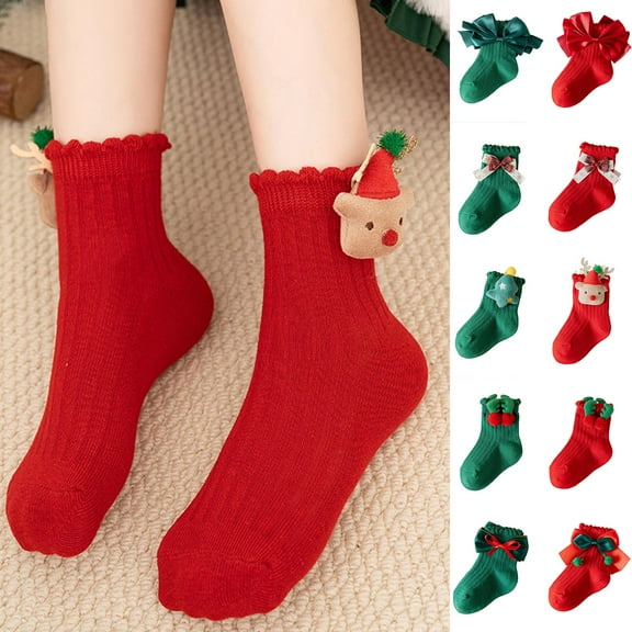 QIUOMBBP Red Kids Christmas Socks with Cute Graphic Winter Fashion Knitted Cotton Ankle Socking
