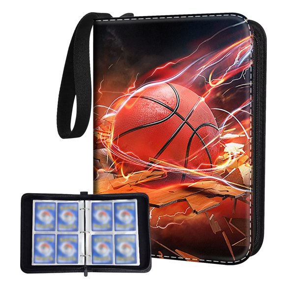 Basketball Card Book,4-Pocket Book For 480 Cards,60 Removable Binders,Binder For Cards Comic Book Protector,Basketball Card Holder With Sleeves Basketball Card Binder(Fire Basketball)