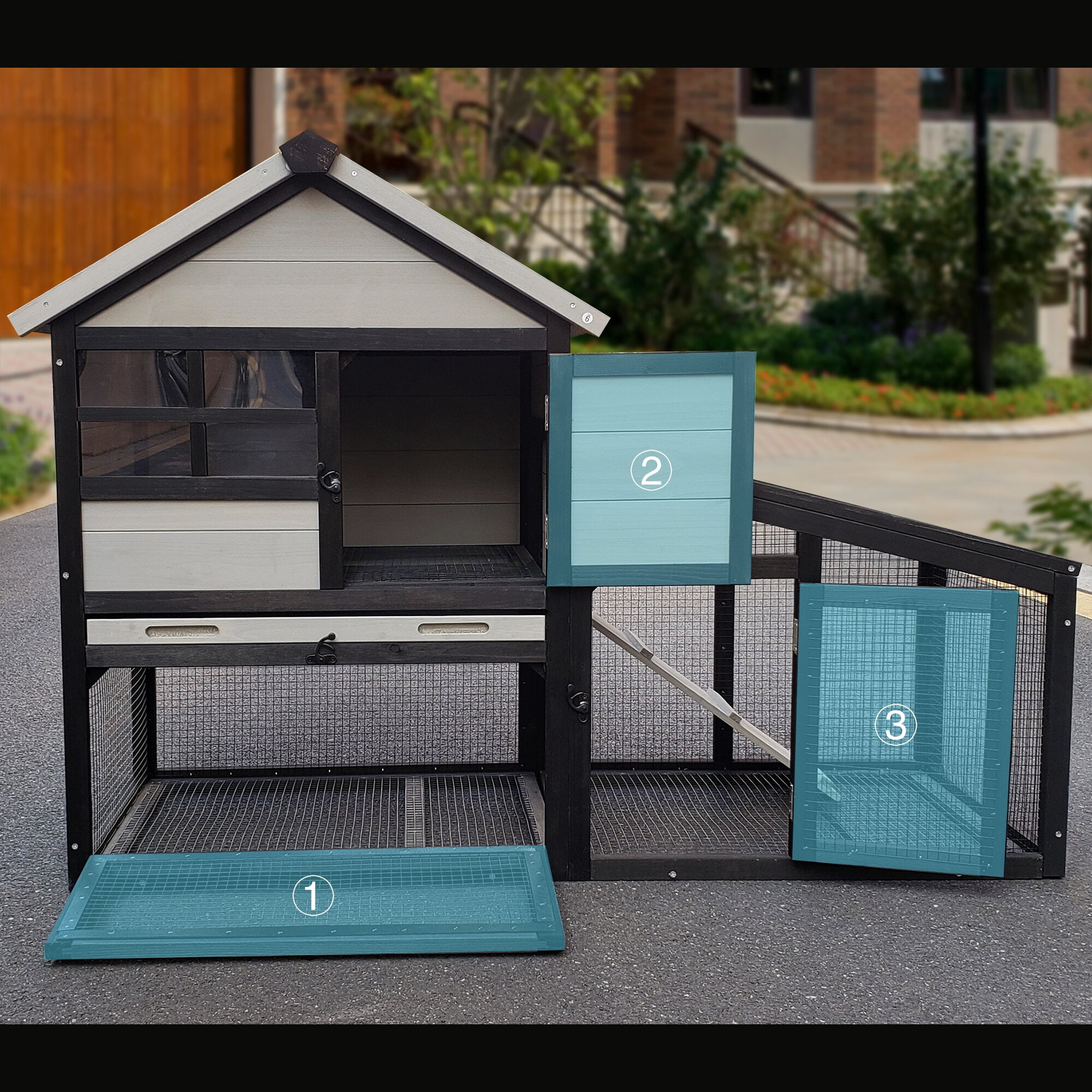 Two-Layer Outdoor & Indoor Rabbit Hutch with Waterproof Roof,  Removable Wire Mesh bedding area and Ventilation - Wooden Bunny Cage for Rabbits, Guinea Pigs, Chickens,
