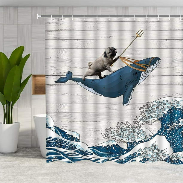 SHTUUYINGGRideau de douche drôle de chien, chien chevauchant une baleine  dans la vague de l'océan sur des rideaux de salle de bain en bois vintage,  tissu oriental vintage Kanagawa japonais v 