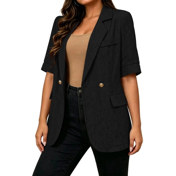 Yrmaups Loose Fit Short Sleeve Business Blazer for Women, Casual Collared Button Front Open Cardigan Jacket, Lightweight Soft Work Office Daily Wear, Black XL