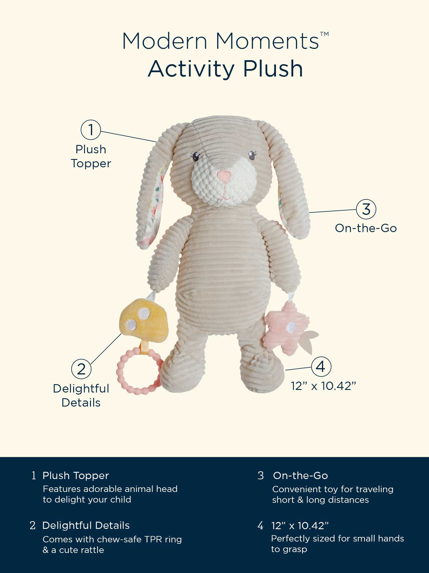 Modern Moments by Gerber Baby Boy or Girl Plush Sensory Activity Toy, Off-White Bunny
