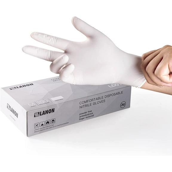 LANON Food Safe White Disposable Nitrile Gloves, Latex-Free, Powder-Free, Textured Fingertips, Cooking, Cleaning, Medium