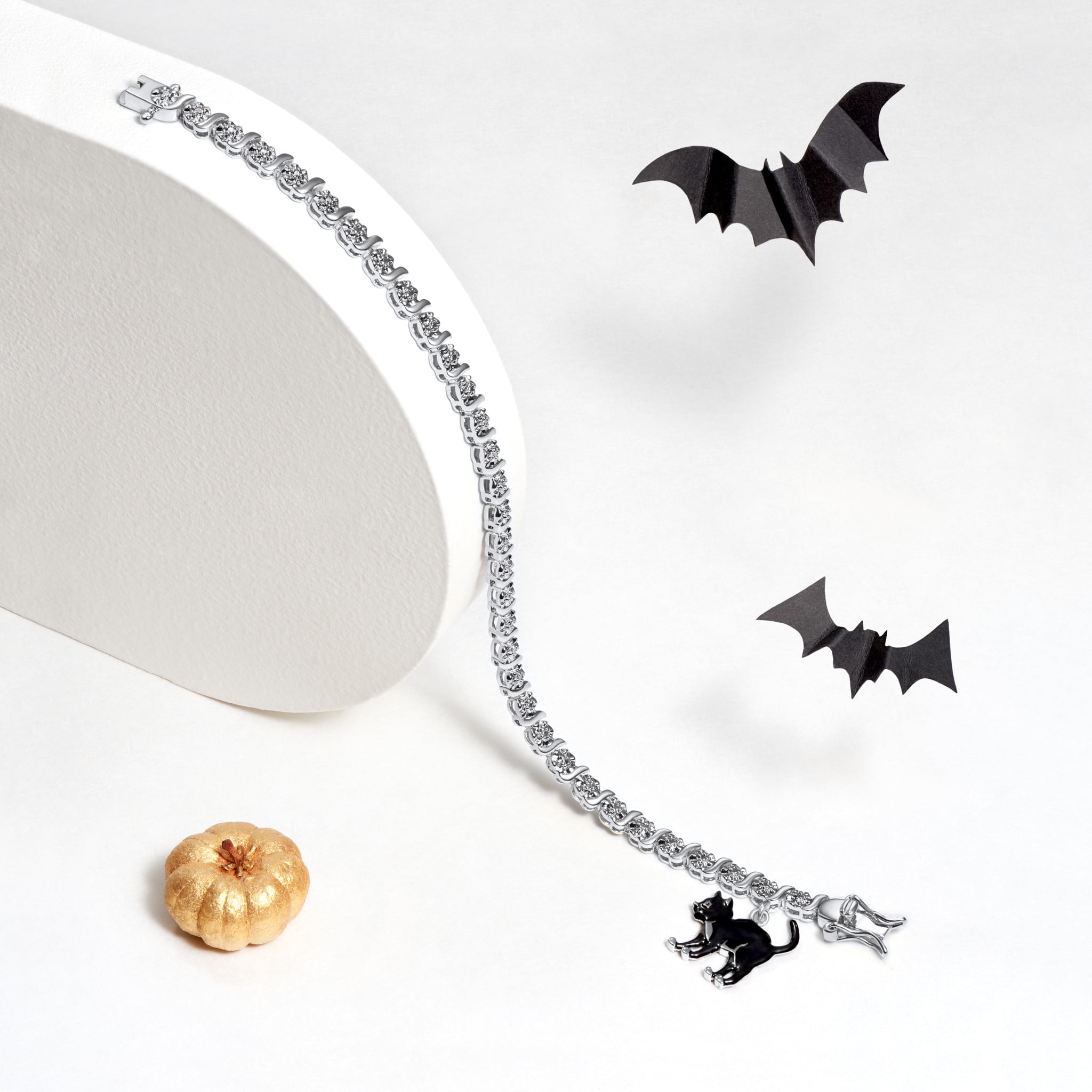 Fine Silver Plated Diamond Accent "S" Link Tennis Bracelet With Enamel Halloween Black Cat Charm 7.25"