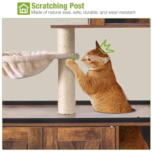 Aivituvin All-in-One Cat Litter Box Enclosure Hidden Litter Box Furniture with Cat Tree, Scratching Post, Cozy Cat Cave, Hanging Hammock, Storage Cabinet, Durable & Space-Saving