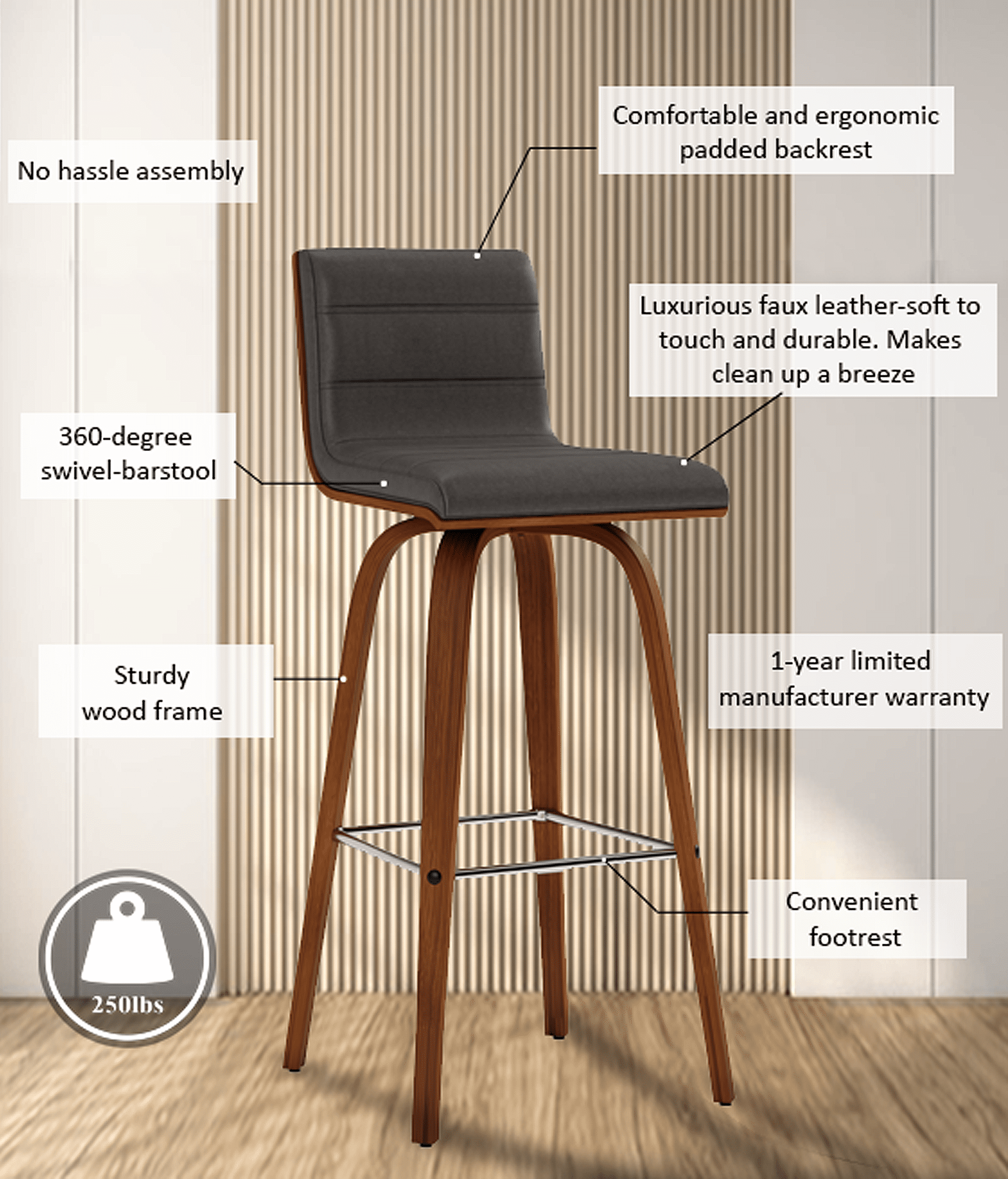 Vienna 30" Swivel Bar Stool in Walnut Wood Finish with Gray Faux Leather - Set of 3