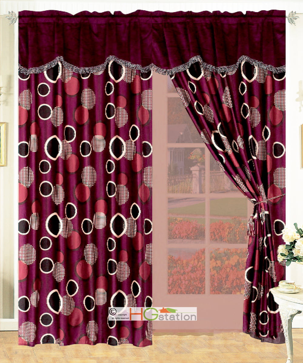 4Pc Periwrinkle Floral Embroidery Curtain Set Lilac Burgundy Valance Drape Liner 
