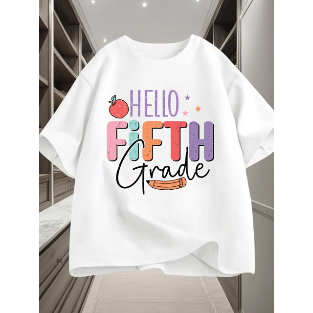 Boys' Red "Hello Fifth Grade" Graphic T-Shirt - Casual Round Neck Tee with Apple & Pencil Design, Lightweight & Breathable for Spring/Summer, Perfect for School or Play, Boy T Shirt