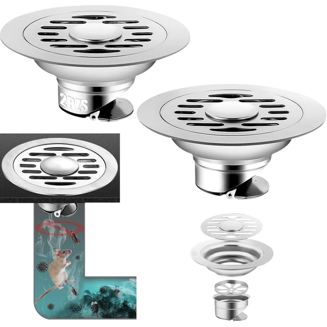 Coladera Anti Olores Redondo, 2 Piezas, Acero Inoxidable con Tapa Higiénica y Check Antiolores, para Baño, Cocina, Alcantarillado y Aseo