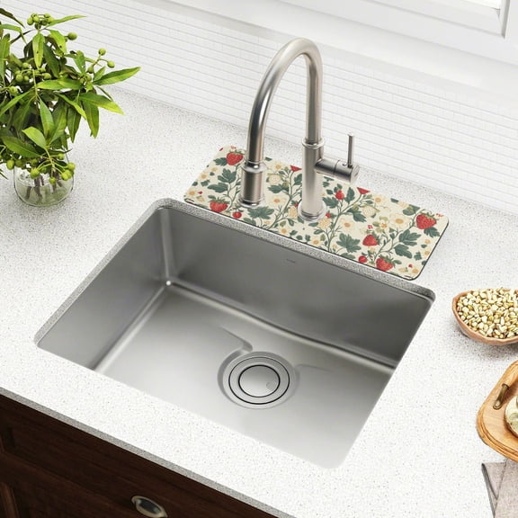 Yayeee Faucet Mat for Kitchen Sink 14.7" Diatomite Long Splash Guard Pad, Small Strawberry Pattern