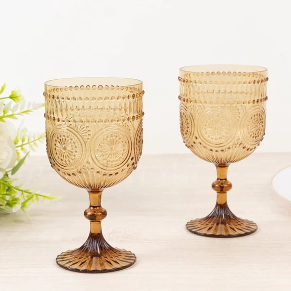 Balsa Circle 12 Amber Gold 15oz Shatterproof Plastic Wine Glasses Embossed Floral Pattern