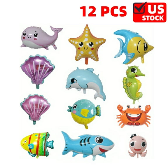 12 Pcs Fish Balloons, Sea Animal Balloons, Under The Sea Decorations, Creature Shark Dolphin Whale Fish Crayfish Octopus Ocean Foil Balloons, Ocean Theme Party Decorations
