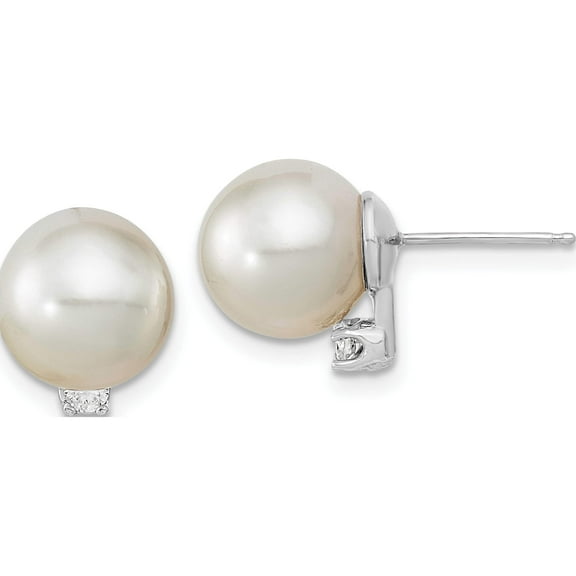 14K White Gold 14Kw 9-10mm Round Saltwater South Sea Pearl And Diamond Earrings (9.65 X 9.65) Made In Canada xf470we