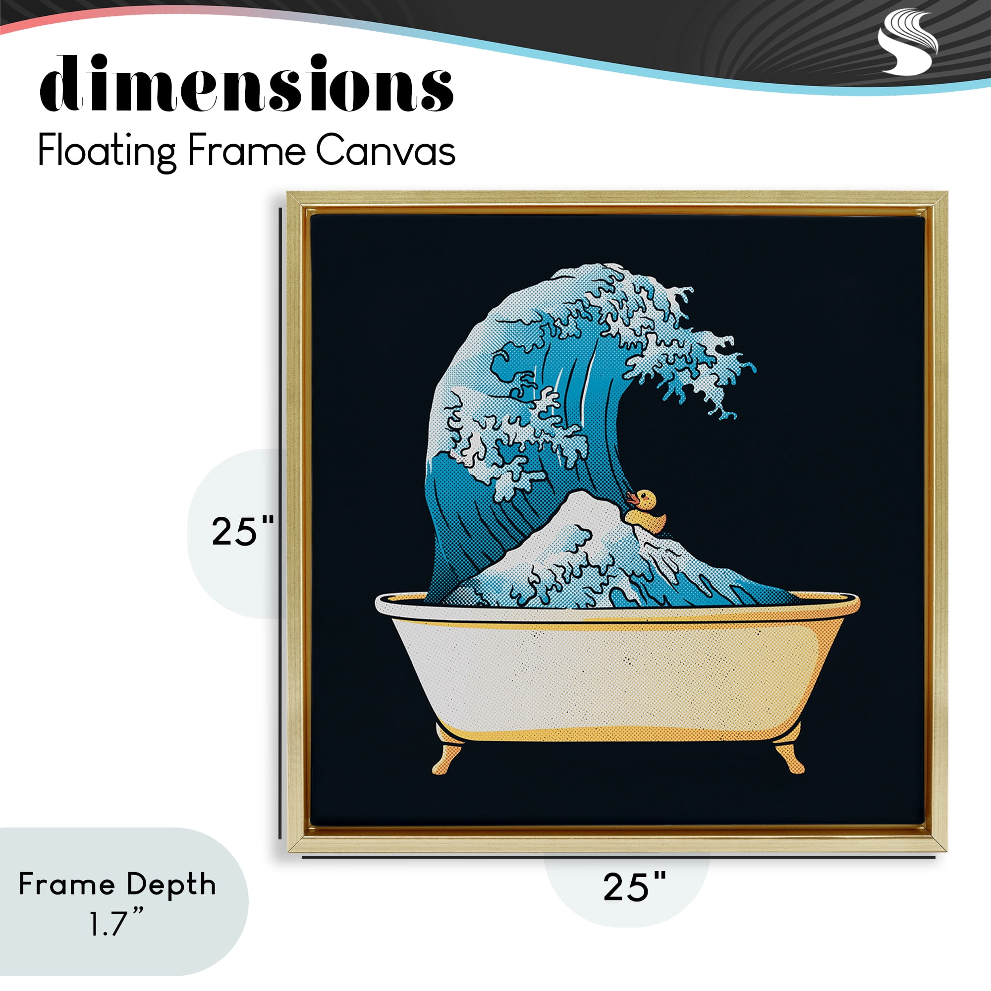 Stupell Industries Bathtub with Kanagawa Wave Gold Framed Floater Canvas Wall Art, design by Tobe Fonseca