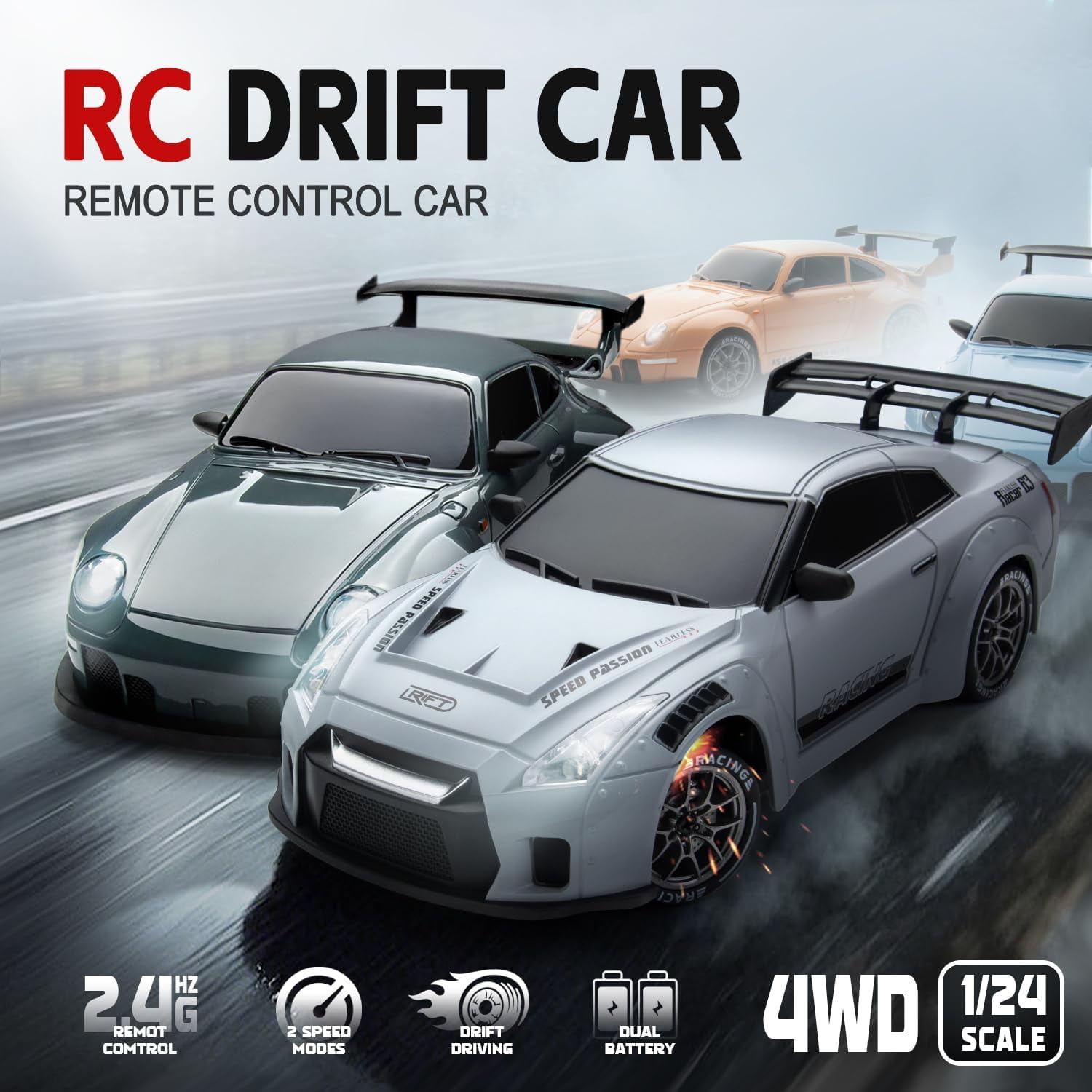 Track Seven RC Drift Car, 1:24 Scale Remote Control Vehicle with LED Lights, 2.4GHz 20KM/H 4WD High Speed RC Cars, Drifting Tires＆Two Batteries, Racing Sports Toy Idea Gift for Adults Boys Girls