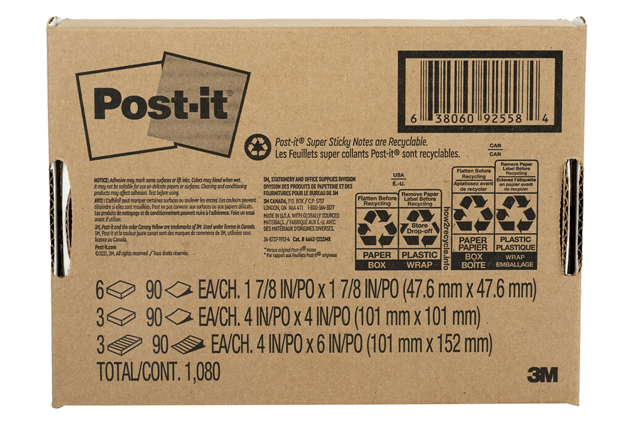 Post-it Super Sticky Notes, 's Exclusive Color Collection, Guava, Iris, Neon Green, 12 Pads/Pack, 90 Sheets/Pad, Assorted Sizes (4642-12SSMX)