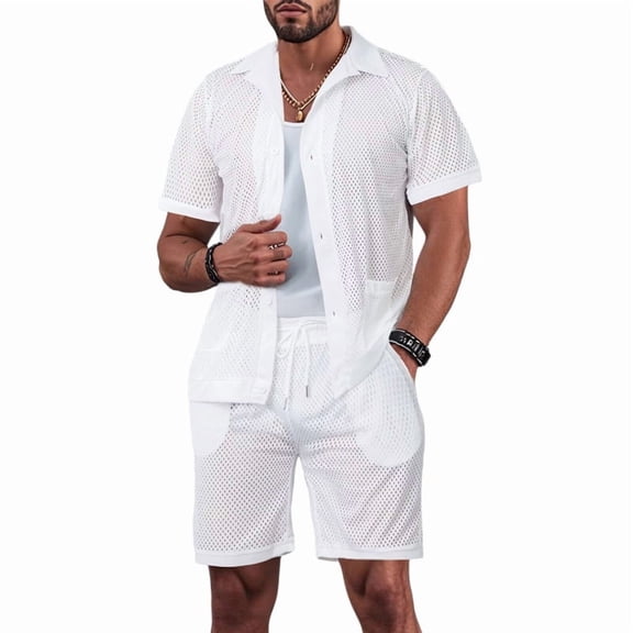 Men Mesh 2 Piece Outfits See Through Casual Shirts and Shorts Hollow Out Mid Shorts Set White XXXL