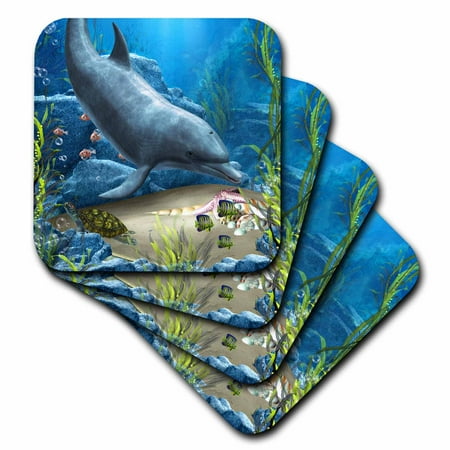 - 3dRose A dolphin swims in the ocean with turtle fishes and more, Ceramic Tile Coasters, set of 4