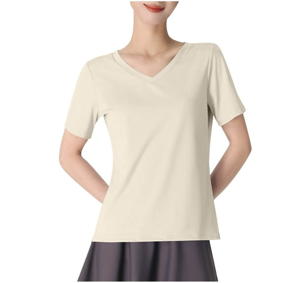 Womens Short Sleeve T-Shirts Strecth Comfy Spandex Workout Yoga Casual Base Tees V Neck Solid Color Tops (XL, Yellow)