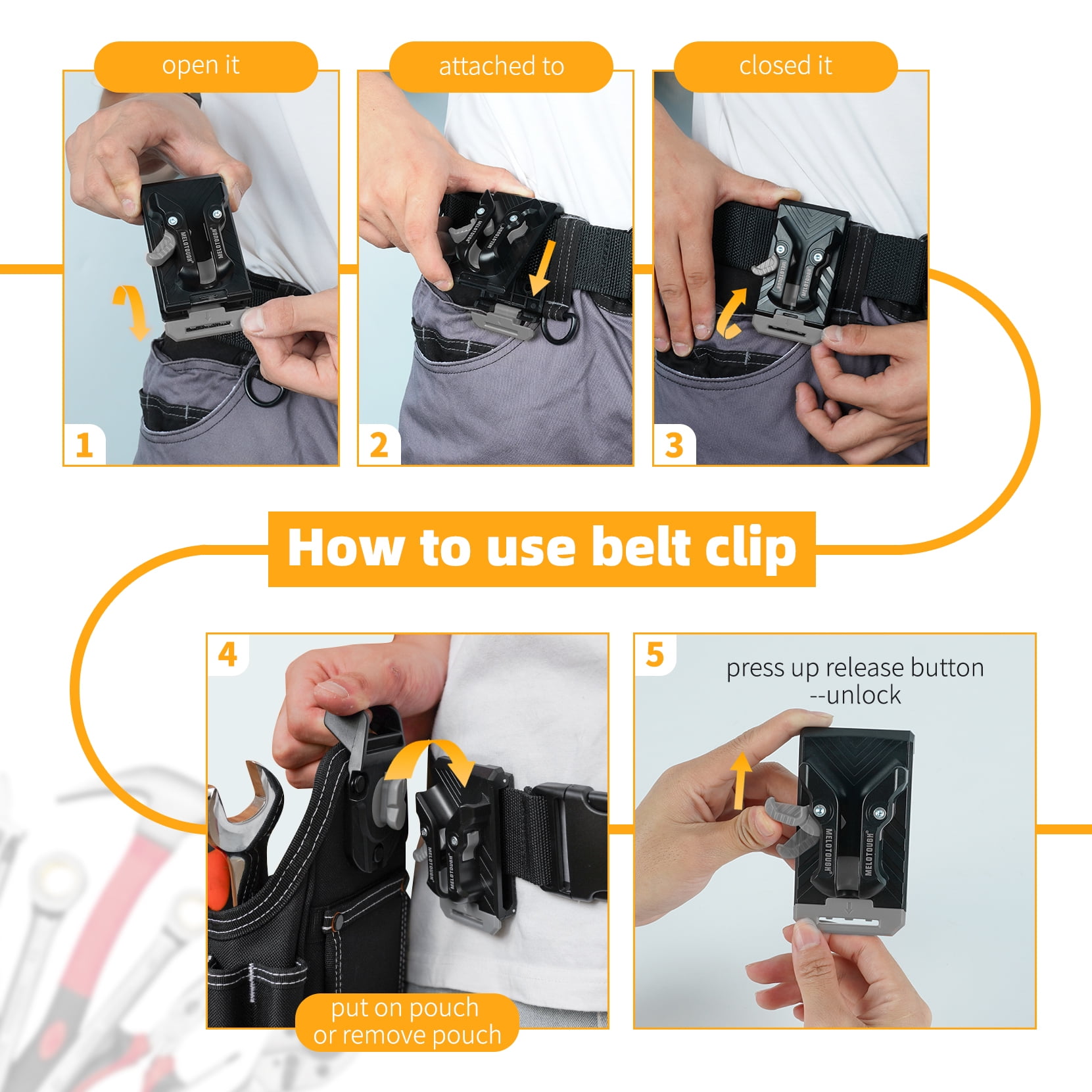 MELOTOUGH Professional Small Electrician Tool Pouch for Tool Belt Pockets with Belt Clip Attachment Pockets Tradesman Tool Bag Pouch with Tape Thong Tool Holster