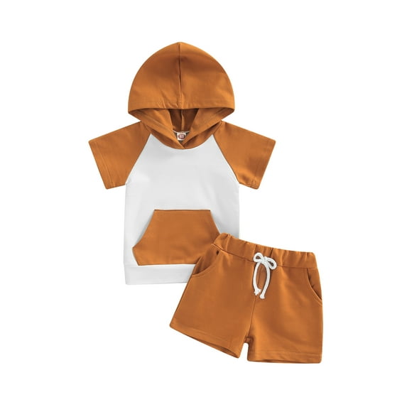 Franhais Newborn Boy Short Pants Outfits, Contrast Color Patchwork Short Sleeve Hooded Tops + Elastic Waist Shorts Set