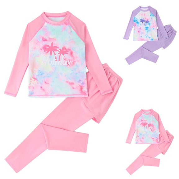 Eltusu Girls Rush Gard Sets, Long Sleeve Beachwear 2 Pieces Casual Swim Tops and Pants Pink Size 10-12 T