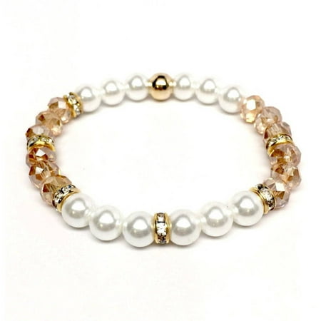 Julieta Jewelry Pearl and Champagne Crystal Posh 14kt Gold over Sterling Silver Stretch Bracelet
