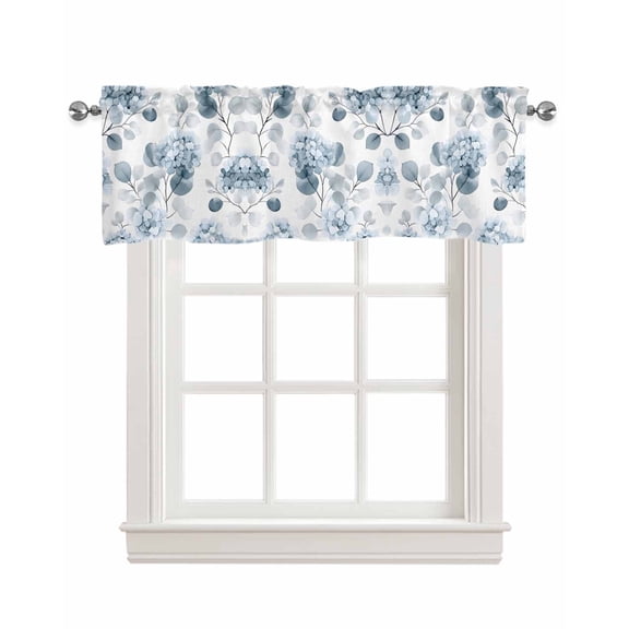 Teal Blue Botanical Kitchen Valances for Windows Farmhouse Linen Window Valance Curtain for Living Room Window Treatment Spring Floral Eucalyptus Leaves Valance Rod Pocket Topper Drape, 60 x 18 Inch