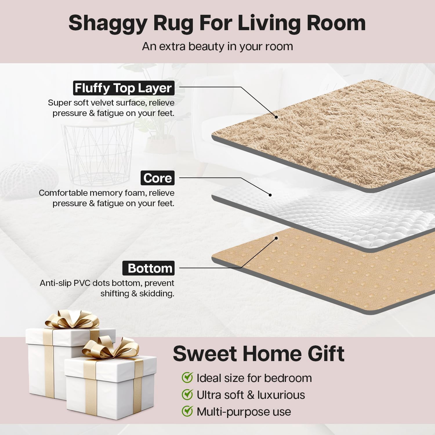 Ameha Shaggy Rug 3x5ft Non-Slip Fluffy Soft Faux Floor Carpets Rectangle for Bedroom Livingroom Decor Beige