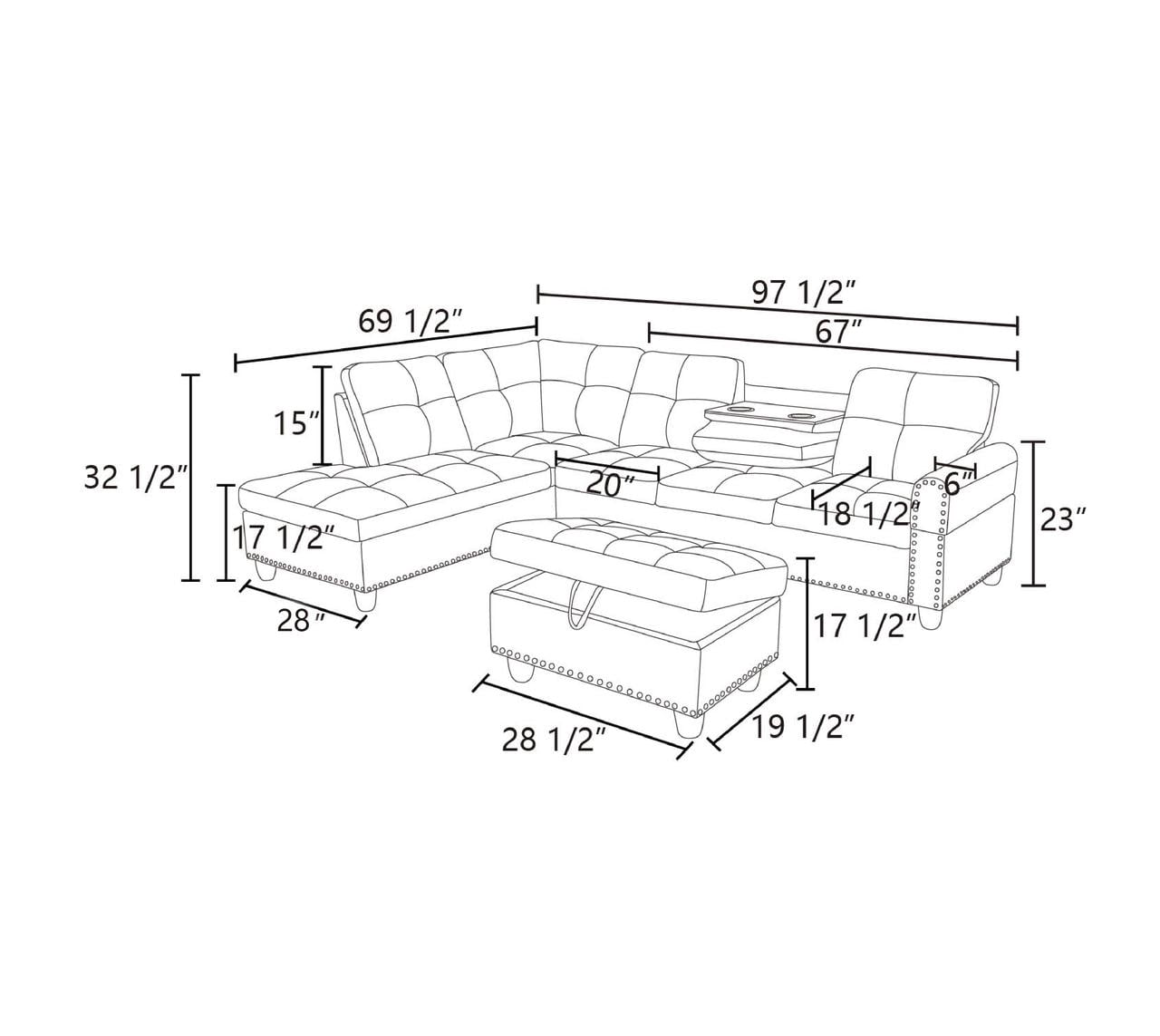 4-seater L-shaped sofawith 90° Swivel Cup Holders, apartment, living room, and office sofa(Includes 2 Pillows)