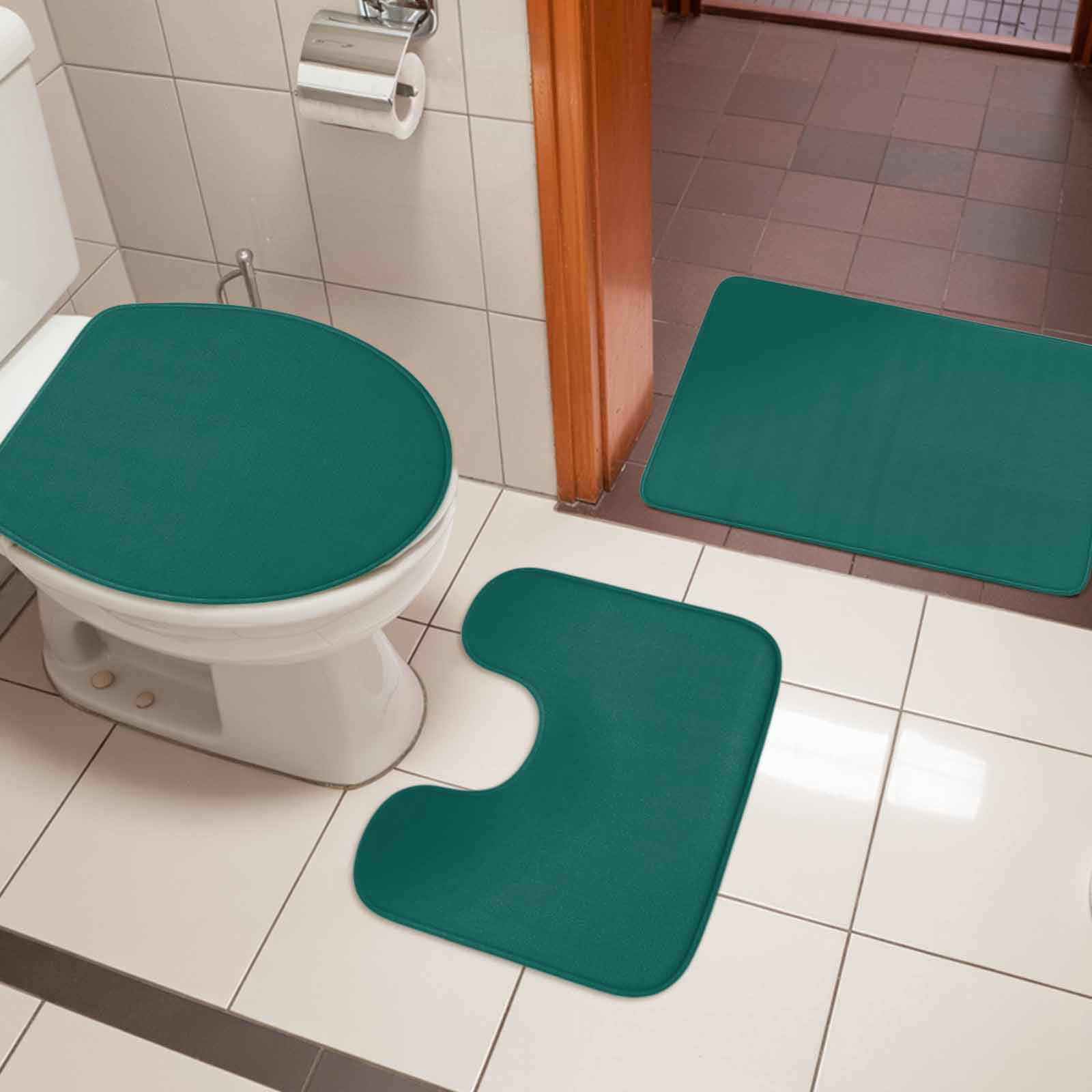 Dark Green Bath Mat 3 Piece Bathroom Rug Set, Modern Pure Dark Green Non Slip Bath Rug Contour Mat and Toilet Lid Cover, Absorbent Shower Mats Soft Bath Rugs and Mats Sets