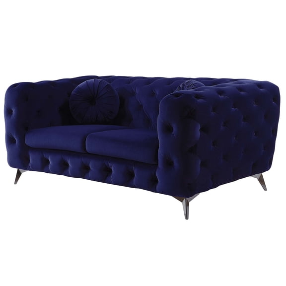 Blue Velvet Loveseat Sofa with Button Tufted Back and Metal Legs for Living Room