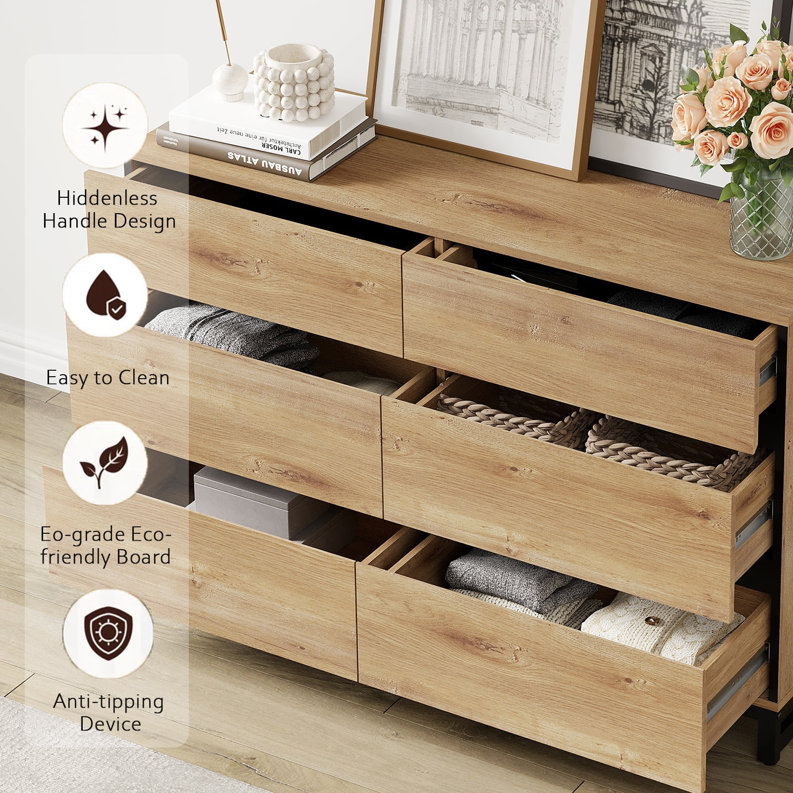 Modern TV Stand For Tvs Up To 90 Inches, 2 In 1 TV Console With 9 Drawers, Media Console With Adjustable Shelf For Living Room, Bedroom,Oak
