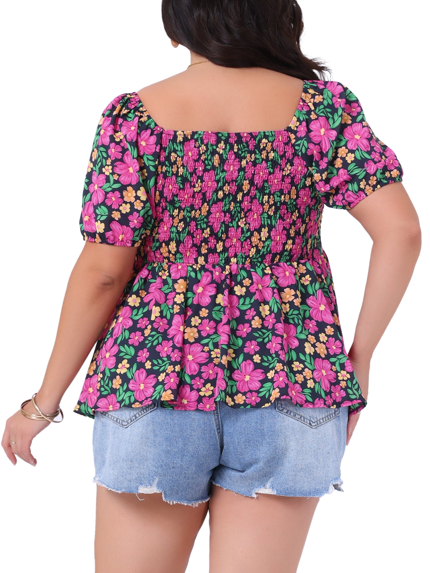 Women's Plus Sweetheart Neck Short Sleeve Floral Blouse with Ruffle Hem 1X Hot Pink