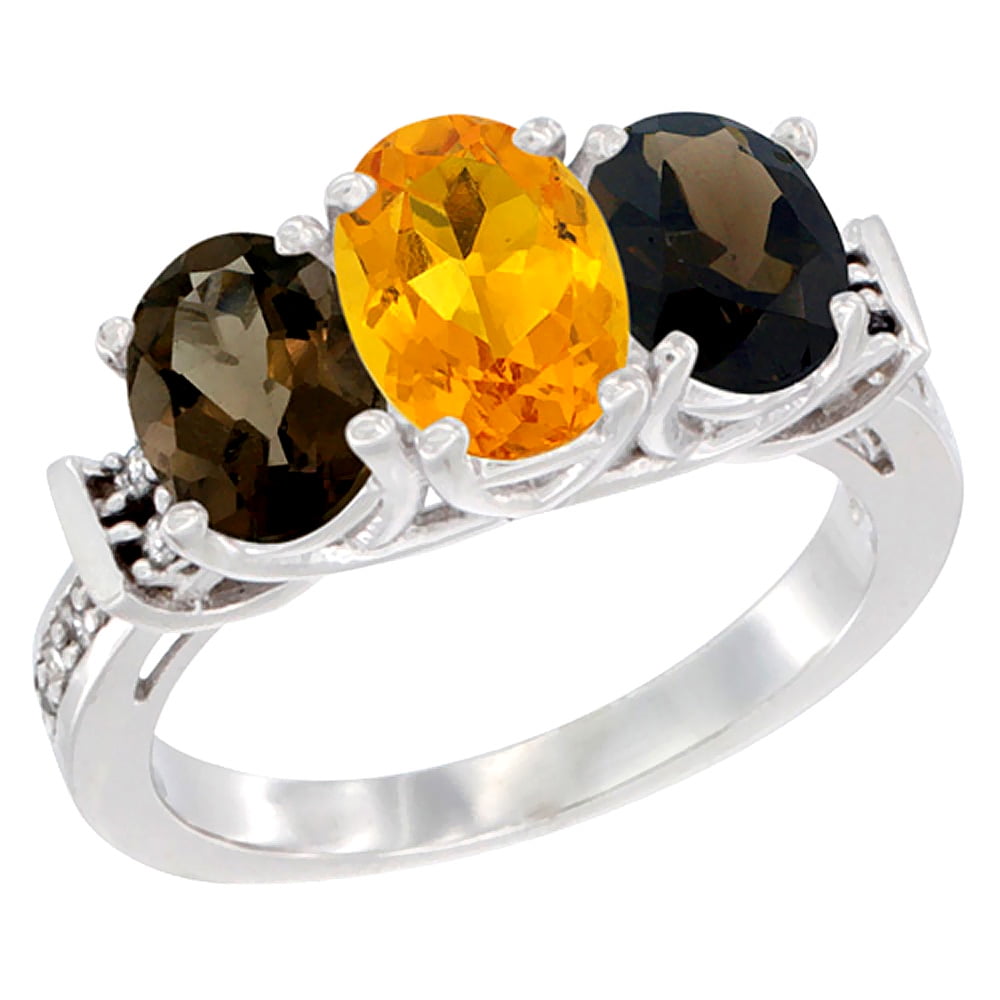 10K White Gold Natural Citrine & Smoky Topaz Sides Ring 3-Stone Oval Diamond Accent, sizes 5 10 by WorldJewels