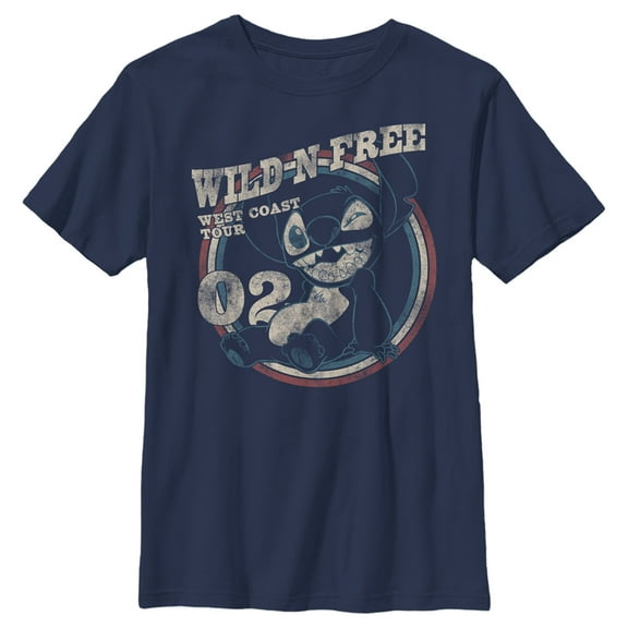 Boy's Lilo & Stitch Distressed Wild and Free Tour  Graphic Tee Navy Blue X Large