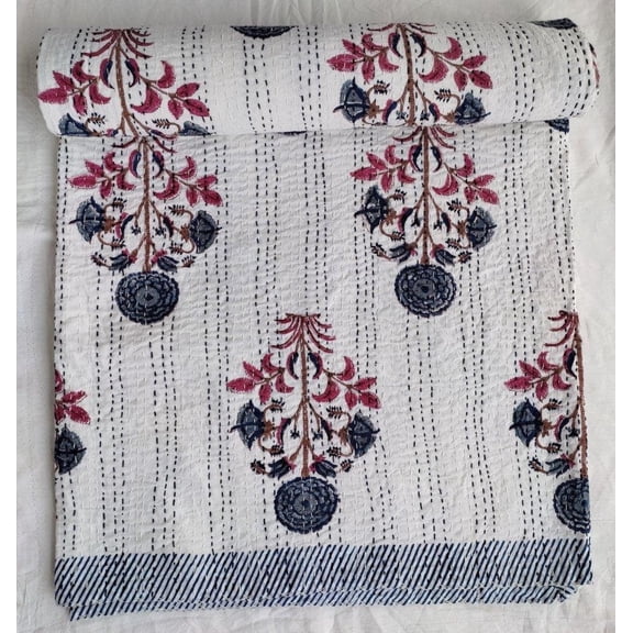 White Floral Indian Kantha Quilt Handmade Cotton Indian Bedspread Block Print Boho Bedding Lightweight Throw Twin Queen And King Size