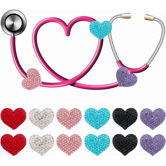 12 Pcs Heart Stethoscope Charms Love Heart Rhinestone Stethoscope Accessory Stethoscope Decoration with Metal Clasp Gift for DIY Nurse Doctor Medical Students Assistant(6 Colors 2 Pcs/Color)