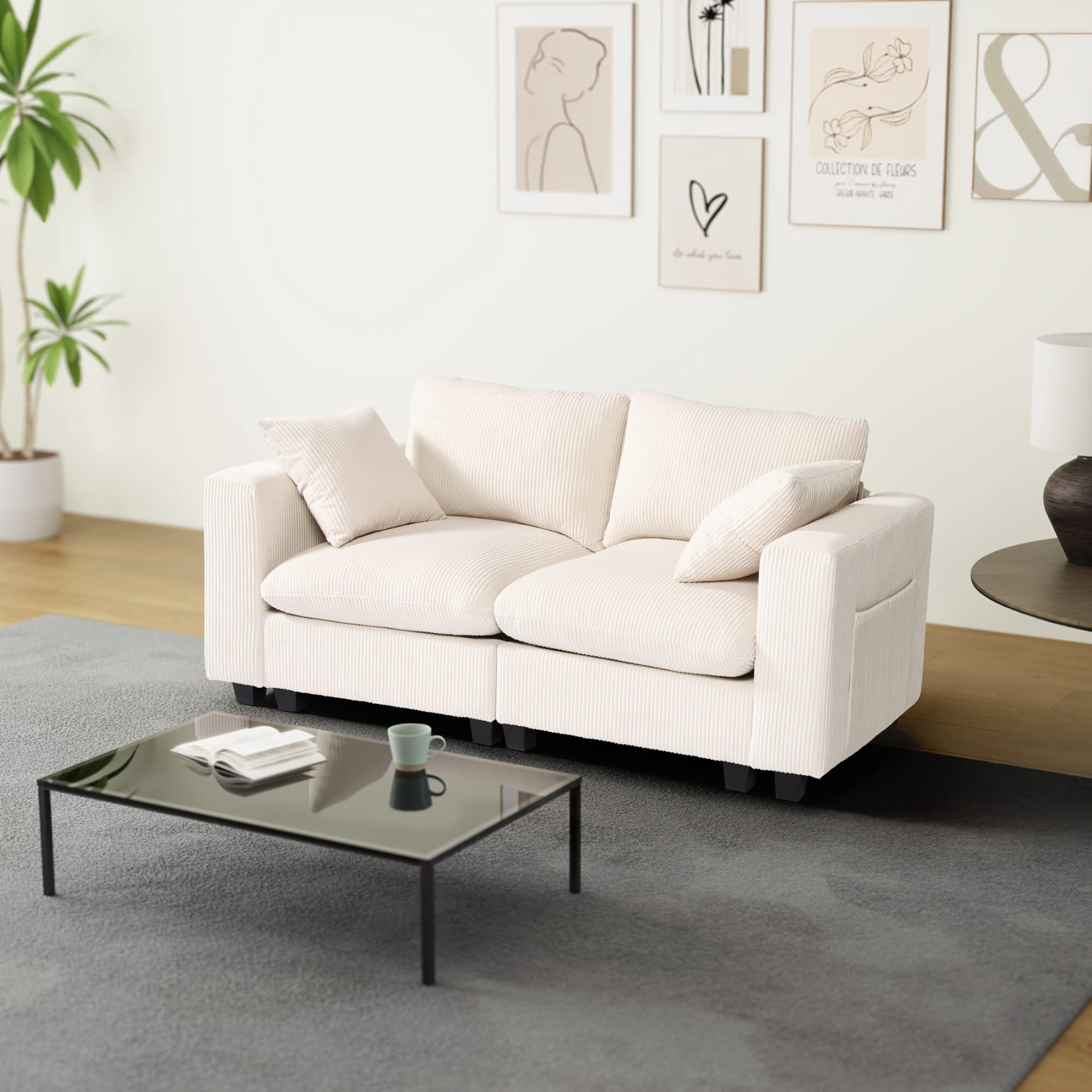 WestinTrends Hearthside 70" Modular Corduroy Loveseat Sofa With USB/Type-C Ports and Side Pockets, Cream