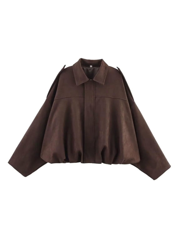 Womens Faux Suede Bomber Jacket with Pockets Oversized Long Sleeve Cropped Lapel Collar Zip up CoatGoing Out Suede Jackets,Outerwear for Casual Daily Vacation