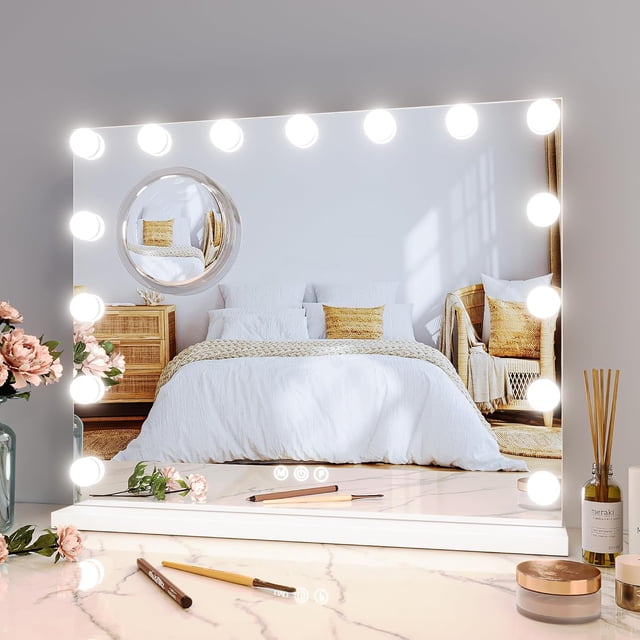 Ourlova Mirror Vanity with Lights 15 Dimmable LED Bulbs Touch Control Three Color Modes 3X Magnification Metal Frame for Tabletop White