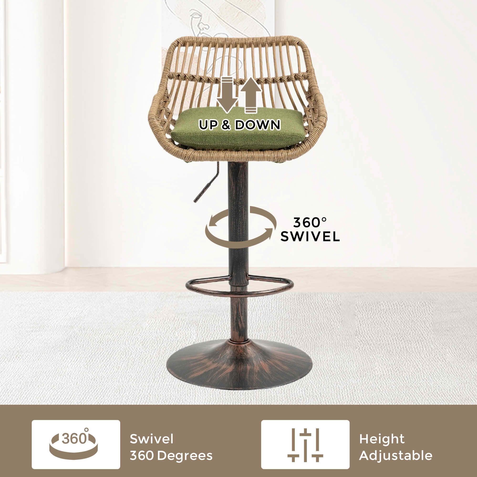MAYEERTY Swivel Bar Stools Set of 2, Adjustable Height Chairs with Footrest, Linen and PE Rattan Back, Green