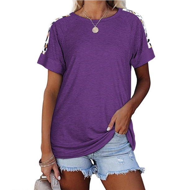 Fiudx Ofertas Relámpago Top de Cuello Redondo de Manga Corta Suelto Estampado Casual para Mujer